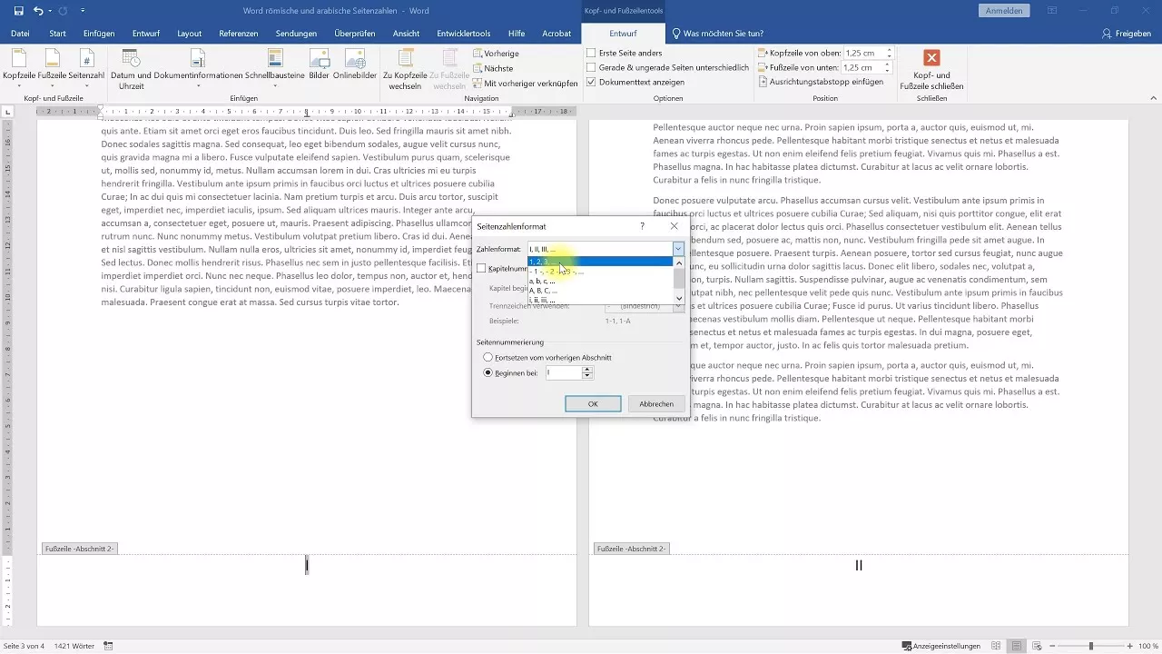 Römische und arabische Seitenzahlen in einem Dokument – Word-Tutorial