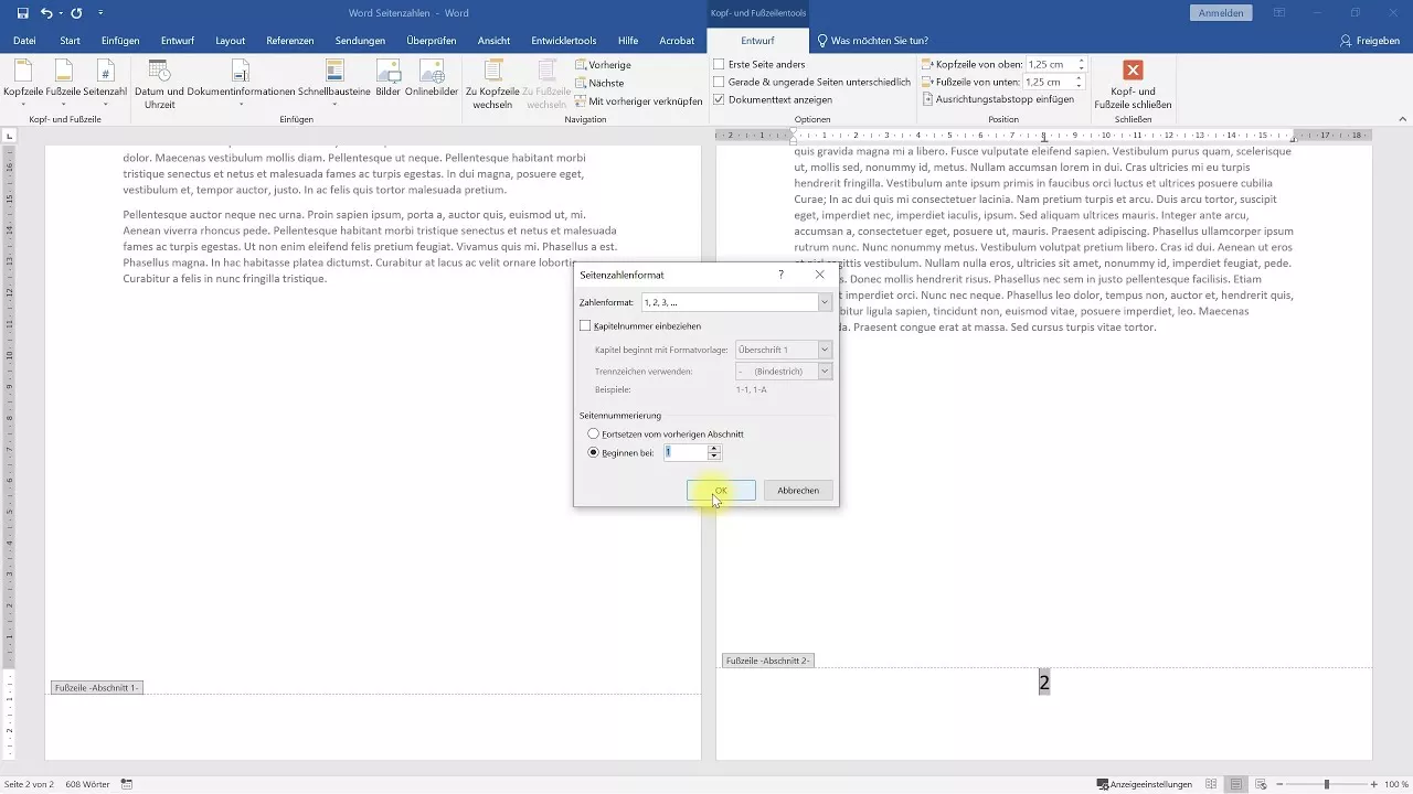 Seitenzahlen ab Seite 2 mit 1 beginnen – Word-Tutorial