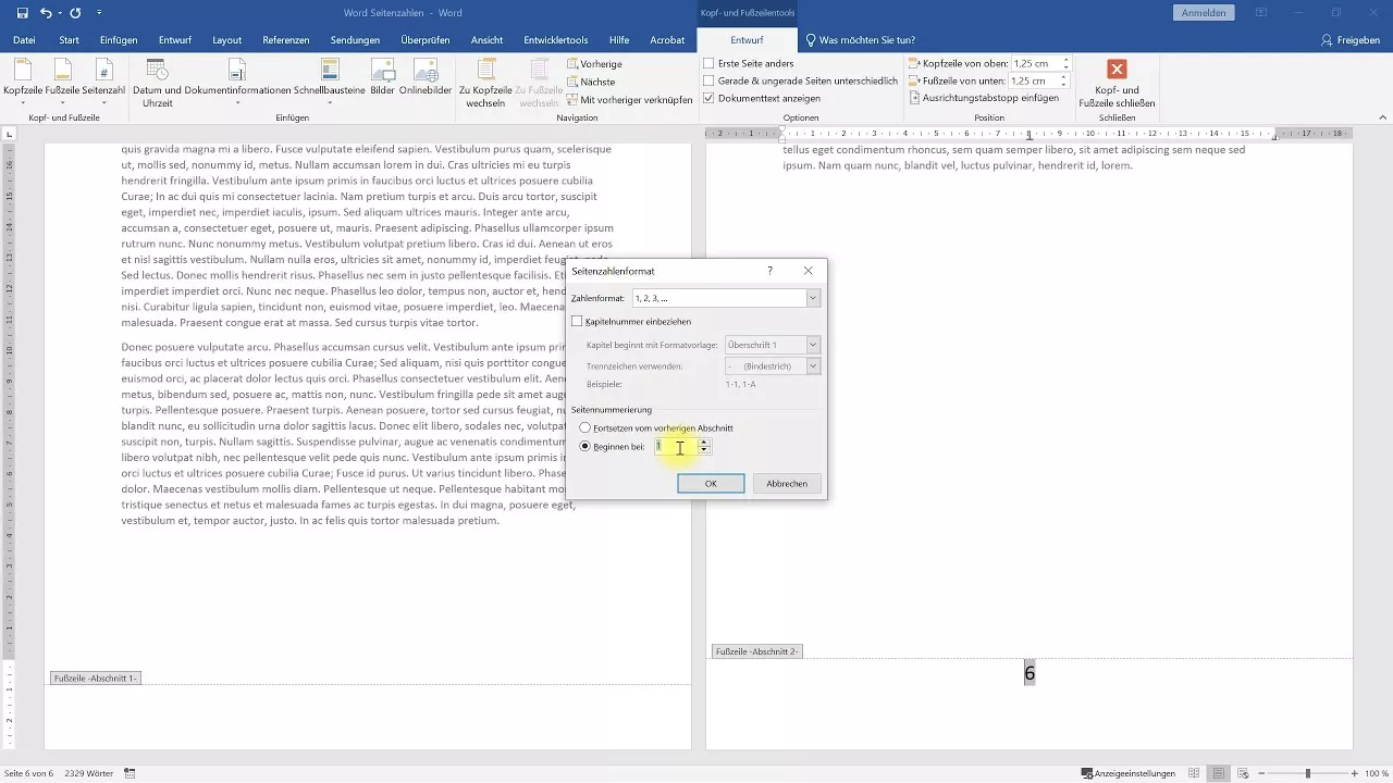 Seitenzahlen ab Seite 6 mit 1 beginnen – Word-Tutorial