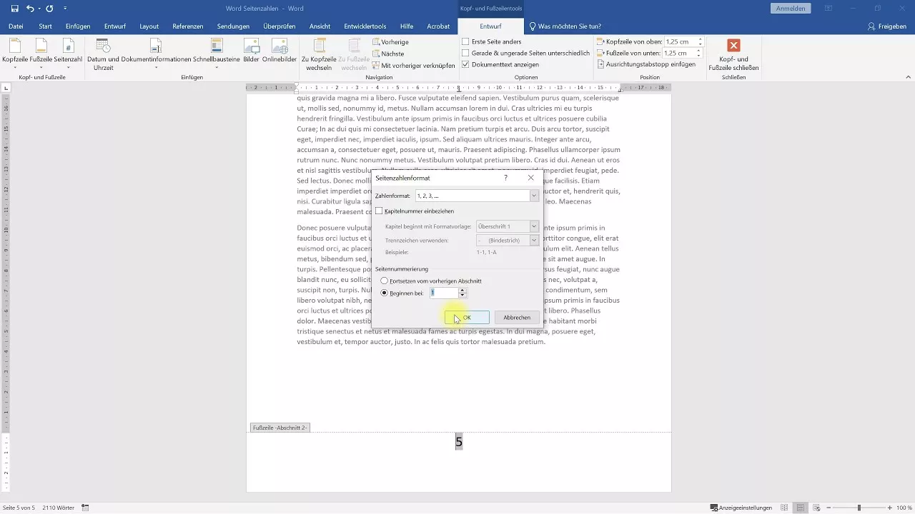 Seitenzahlen ab Seite 5 mit 1 beginnen – Word-Tutorial