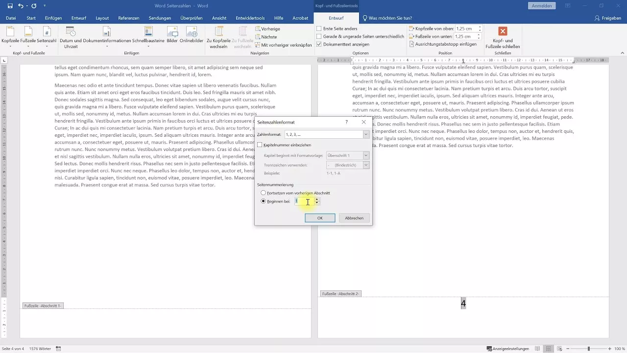 Seitenzahlen ab Seite 4 mit 1 beginnen – Word-Tutorial
