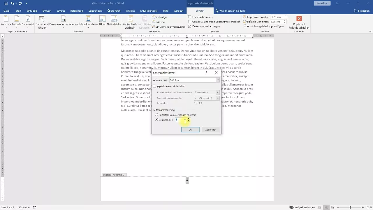 Seitenzahlen ab Seite 3 mit 1 beginnen – Word-Tutorial