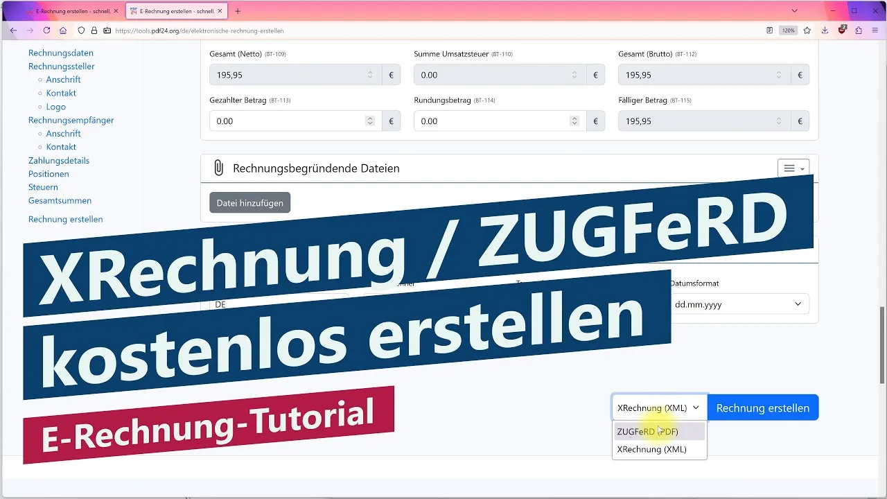 E-Rechnung kostenlos erstellen (ZUGFeRD und XRechnung) – Anleitung, Tutorial