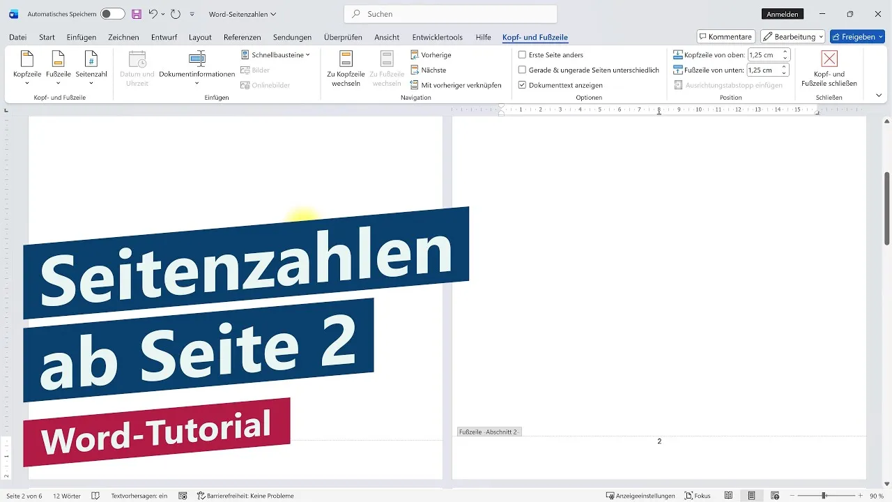 Wie fügt man Seitenzahlen ab Seite 2 in Word ein?