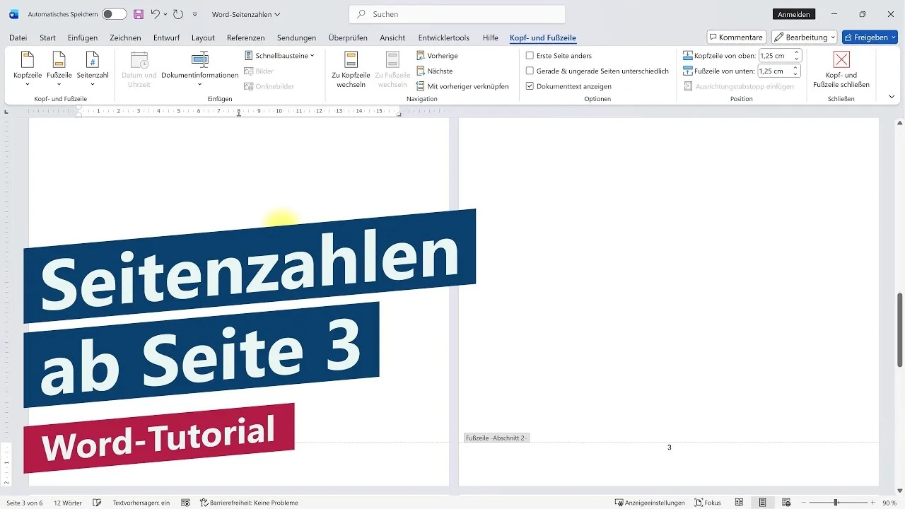 Wie fügt man Seitenzahlen ab Seite 3 in Word ein?