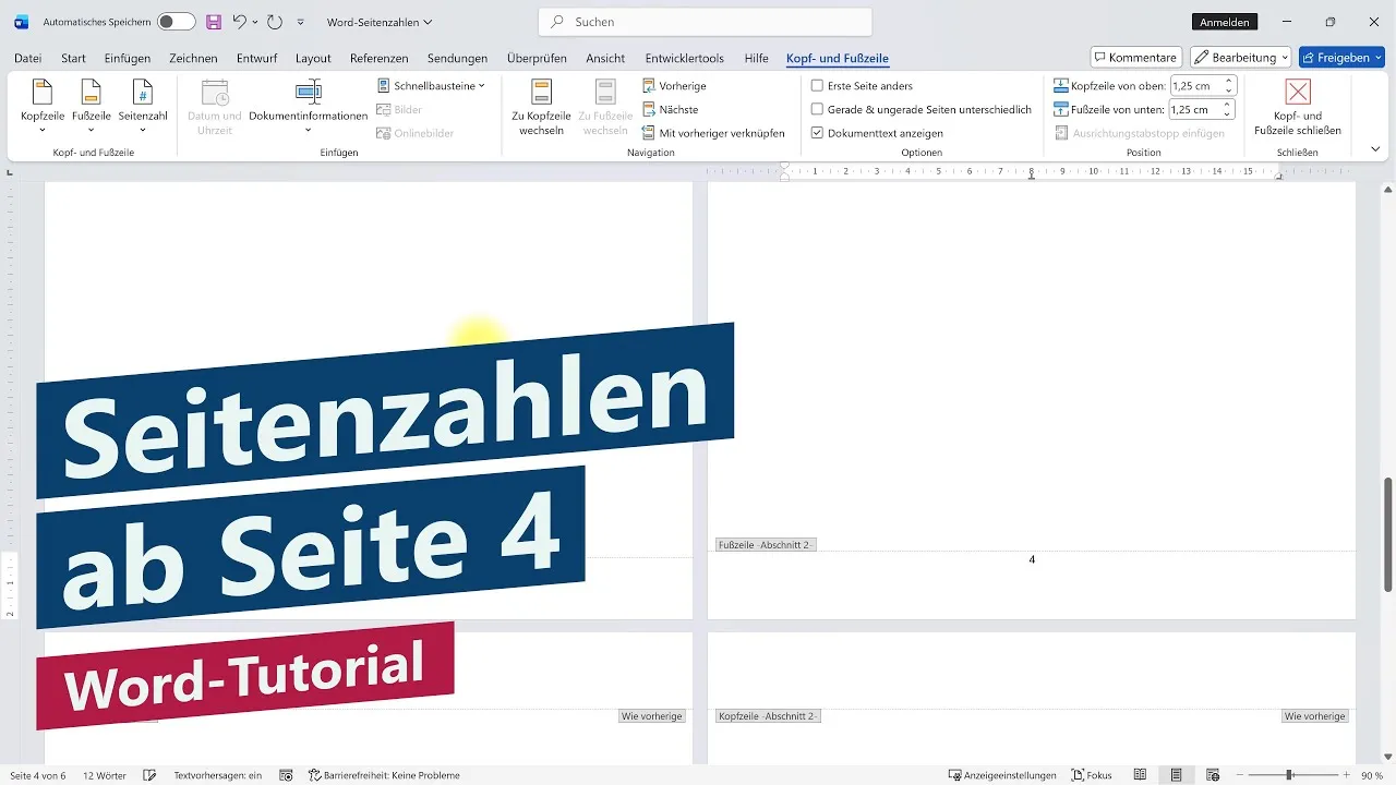 Wie fügt man Seitenzahlen ab Seite 4 in Word ein?