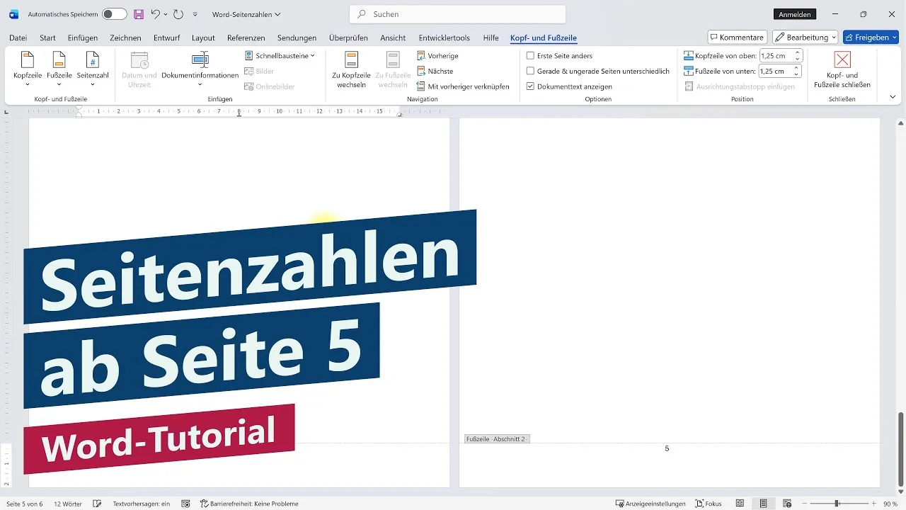 Wie fügt man Seitenzahlen ab Seite 5 in Word ein?