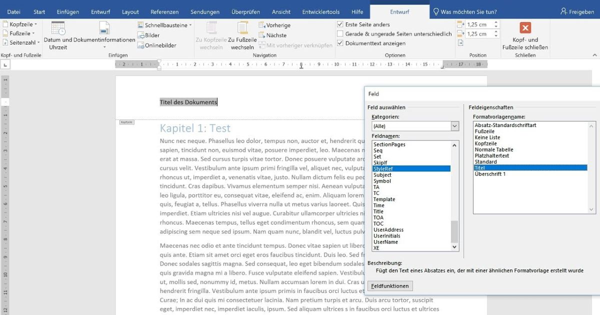 Dokumententitel und Kapitelüberschriften in Kopfzeile einfügen WordTutorial