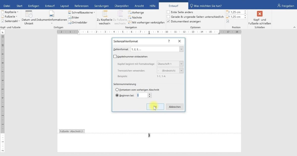 Seitenzahlen erst ab Seite 3 beginnen – Word-Tutorial